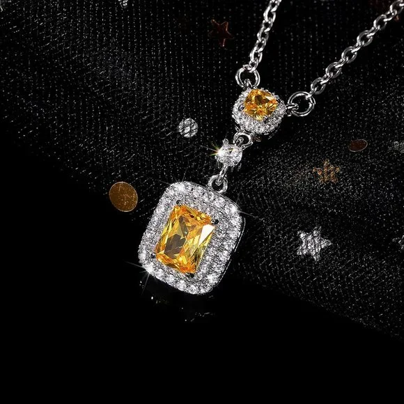 🌸Bling Double Royal Yellow Zircon Silver Plated Necklace for Women, UNVN12412 - Picture 6 of 7